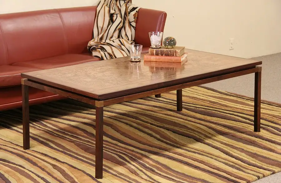 Main image of Midcentury Danish Modern 1960's Vintage Rosewood Coffee Table, Copper World Map