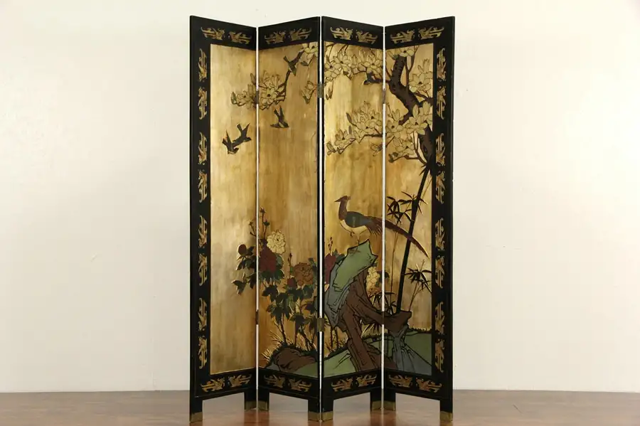 Main image of Chinese 4 Panel Carved Lacquer Coromandel Vintage Screen