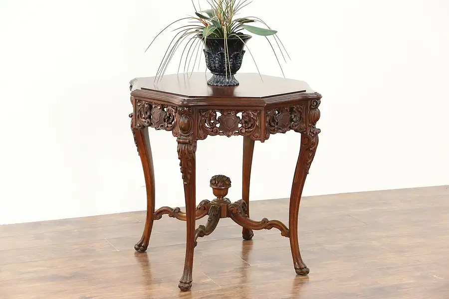 Main image of Carved 1920 Antique Walnut Center, Hall or Lamp Table, Inlaid Marquetry