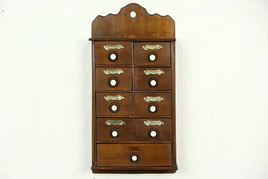 Main image of Spice Cabinet, 1910 Antique Hanging or Countertop, 9 Drawers