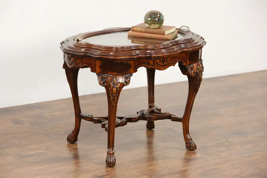 Main image of Carved Walnut & Bird Marquetry 1930's Vintage Coffee Table, Glass Tray