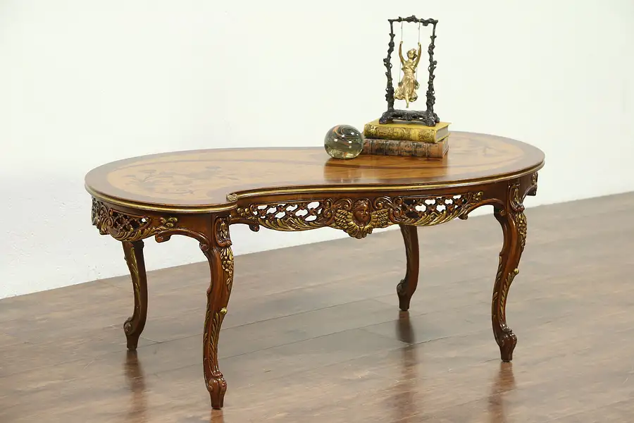 Main image of Scroll Shape Vintage Inlaid Marquetry Coffee Table, Carved Angels