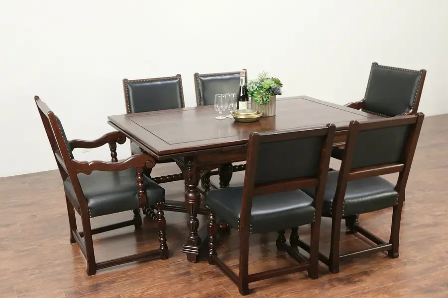 Main image of English Tudor Antique Oak Dining Set, Table, 6 Leather Chairs, Altman NY
