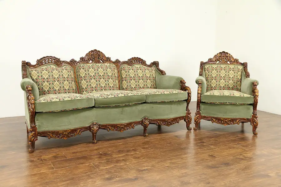Main image of Sofa & Chair Antique Set, Carved Bird & Shell, Motif, New Upholstery