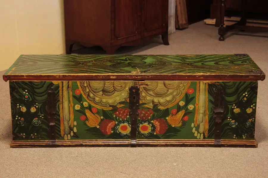 Main image of Romanian Folk Painted Gypsy Trunk, Blanket Chest