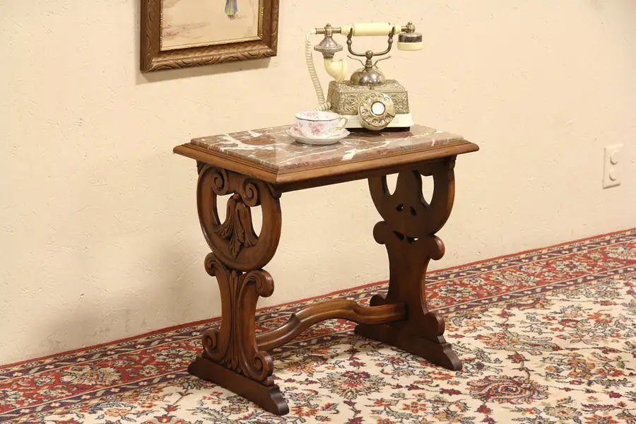 Main image of Carved Antique 1915 Chairside or End Table, Marble Top