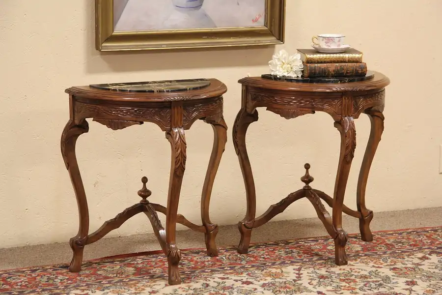 Main image of Pair of Black Marble Top Demilune 1920's Console Tables
