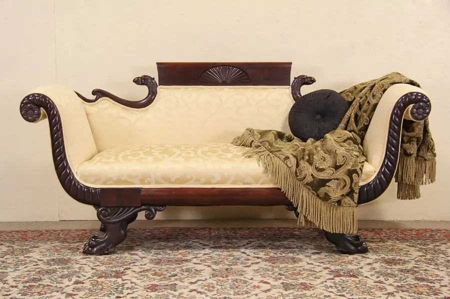 Main image of Empire Carved Eagle & Lion Paw 1920 Antique Sofa, Newly Upholstered
