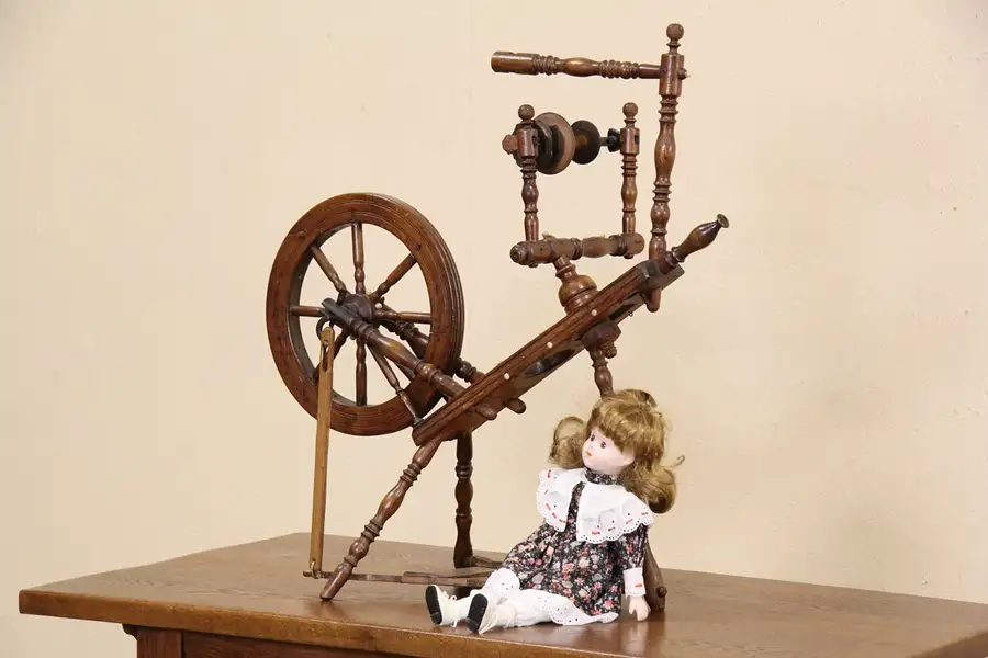 Main image of Child Size 1860 Antique Flax or Linen Spinning Wheel, Bone Mounts