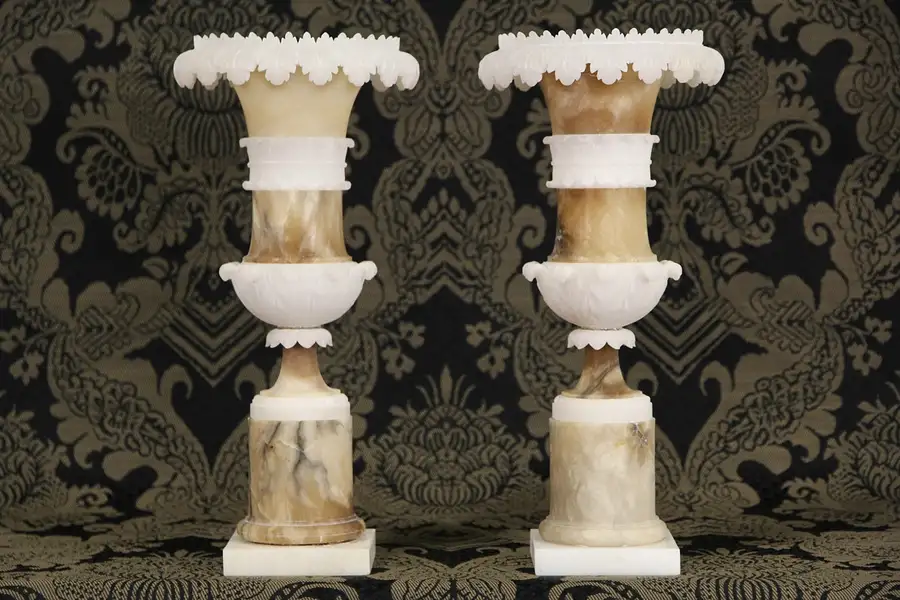 Main image of Pair of French Carved 2 Color Antique 1800's Alabaster Urns or Vases