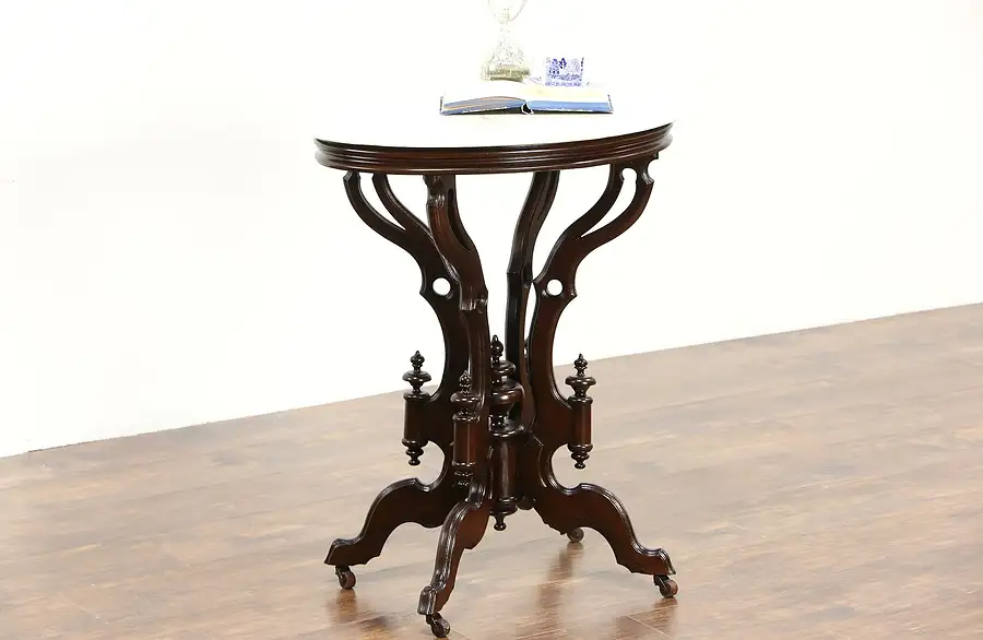 Main image of Victorian Oval Marble Top Antique 1875 Walnut Lamp or Parlor Table