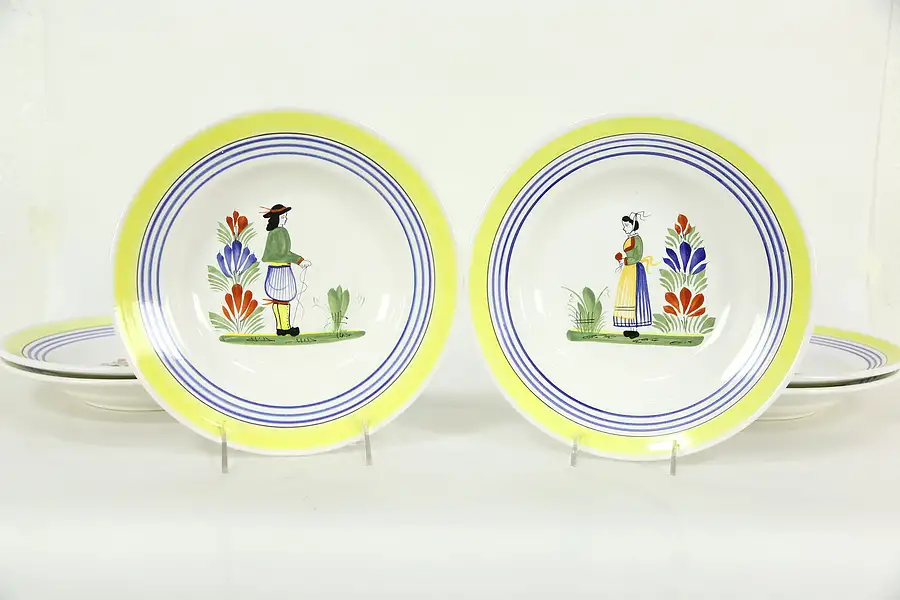 Main image of Set of 6 Quimper Signed Hand Painted Vintage Soup Plates, Brittany France