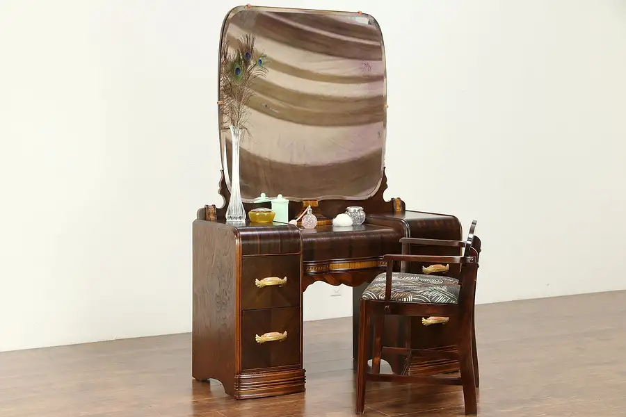 Main image of Art Deco Waterfall Design 1930's Vintage Vanity, Bench & Beveled Mirror