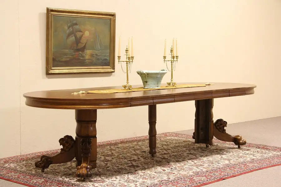 Main image of Round 4' Oak 1900 Dining Table, Lion Heads & Paws
