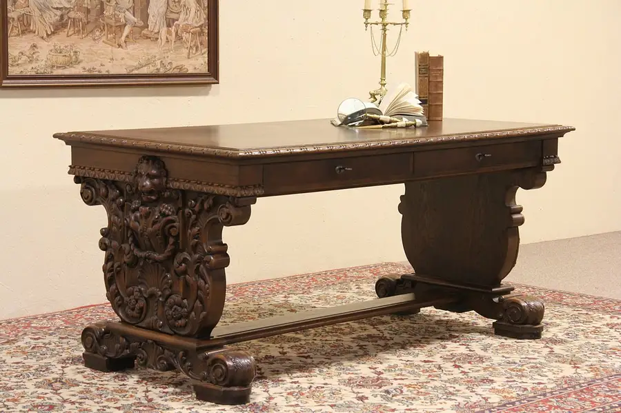 Main image of Renaissance Carved 1900 Oak Writing Desk Library Table