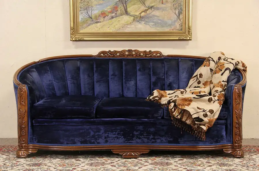 Main image of Art Deco Blue Velvet 1930's Vintage Sofa