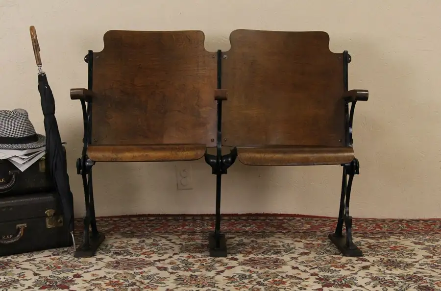 Main image of Pair Wood & Iron 1910 Antique Theater Seats or Bench