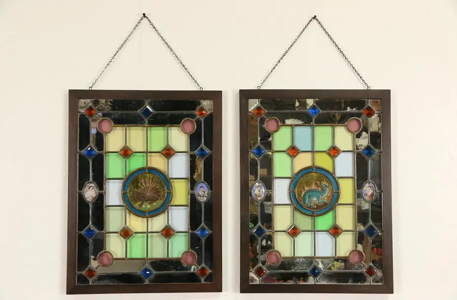 Main image of French 1870 Antique Architectural Salvage Stained Glass Windows, Jewels & Enamel