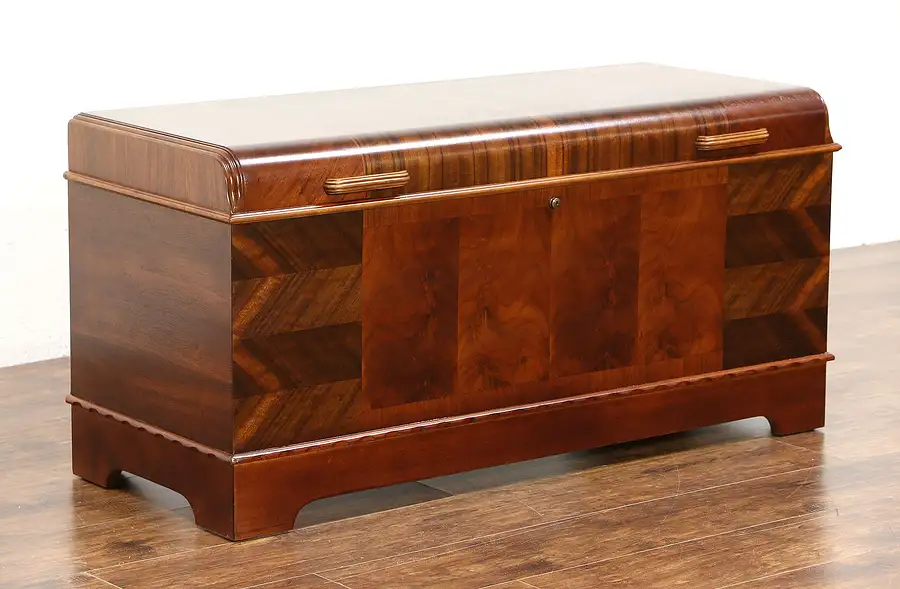 Main image of Art Deco Waterfall 1940 Vintage Cedar Trunk or Blanket Chest, Signed Lane