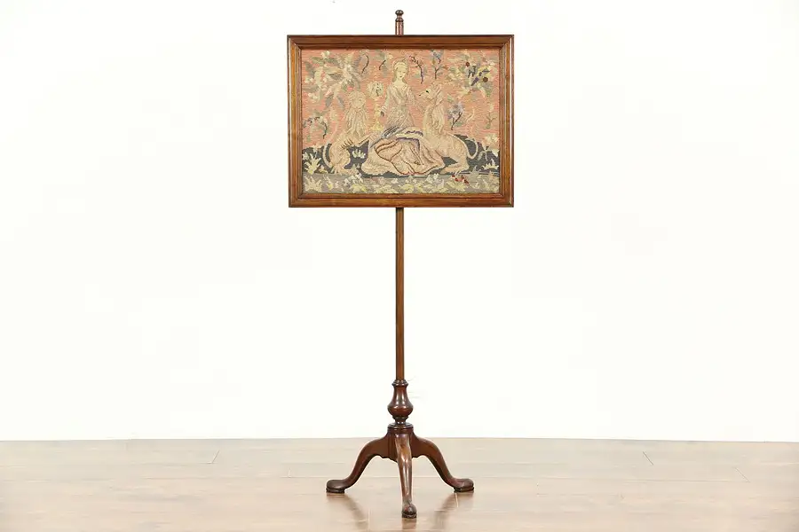 Main image of Fireplace Screen 1920 Antique Mahogany Adjustable Unicorn in the Garden Tapestry