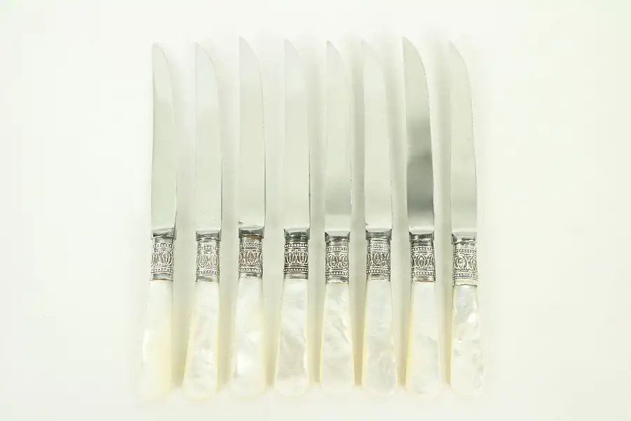 Main image of Set of 8 Pearl, Sterling & Stainless Fruit or Cheese Knives, England