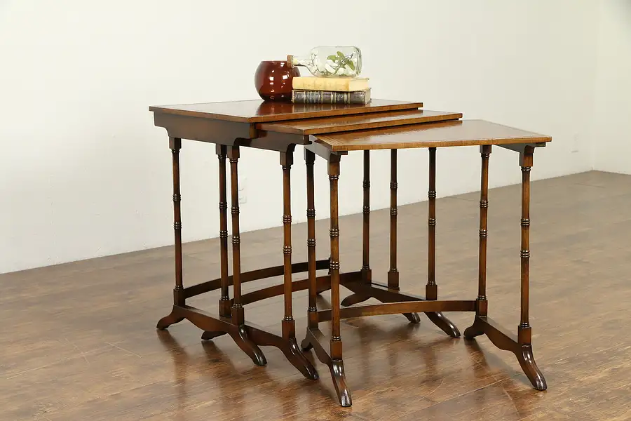 Main image of Nest of 3 Vintage Mahogany Stacking Tables, Tooled Leather, Wimbledon