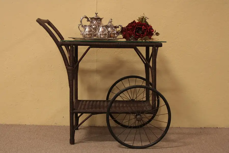 Main image of Wicker Antique Tea or Dessert Cart, Wire Wheels