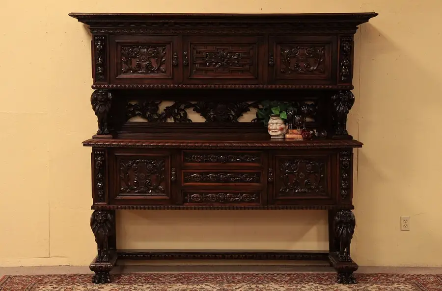 Main image of Hand Carved Sideboard or Backbar, Carved Lions