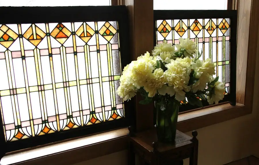 Main image of Pair Arts & Crafts Leaded Antique 1900 Stained Glass Windows