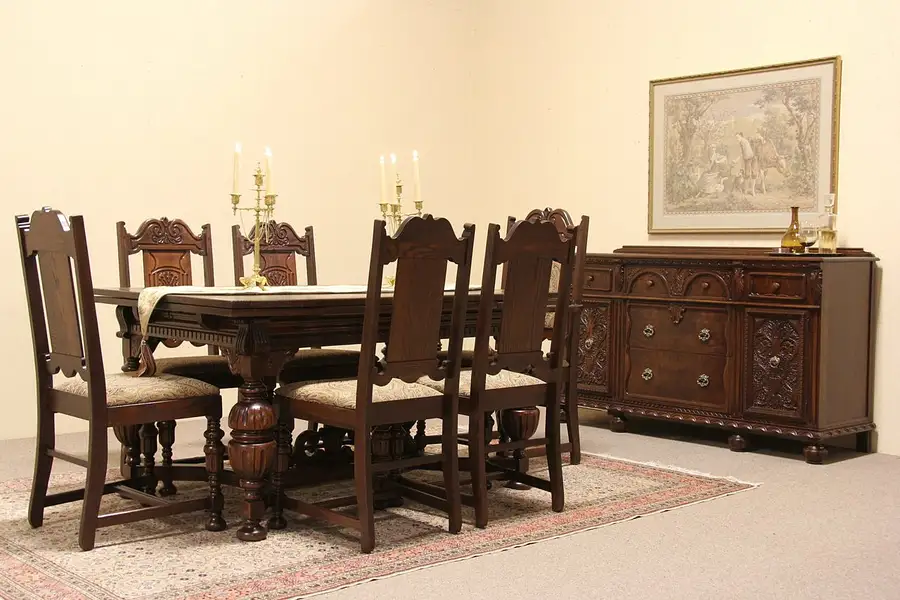Main image of English Tudor Antique 1925 Dining Set, Oak and Walnut