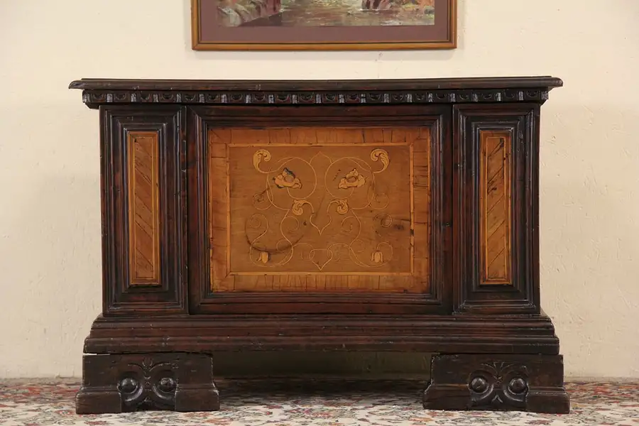 Main image of Swedish Antique 1780 Dowry Chest or Trunk, Inlaid Marquetry, Wrought Iron