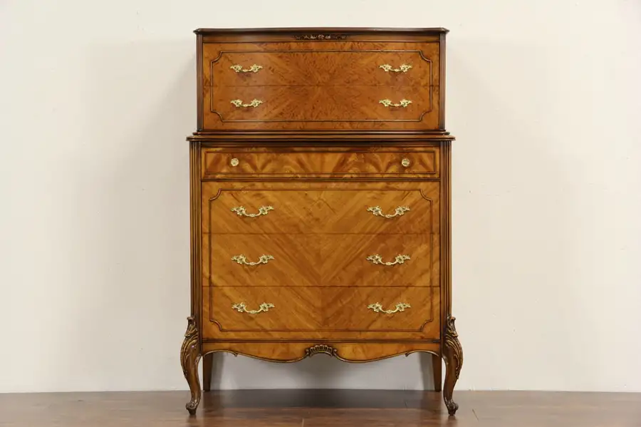 Main image of French Style 1940's Vintage Satinwood Tall Chest on Chest
