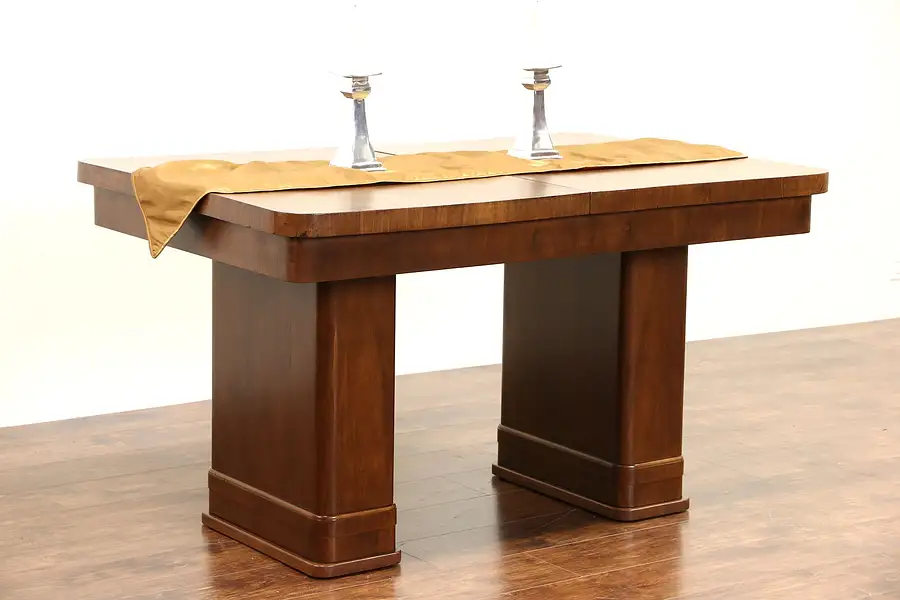 Main image of Italian Art Deco 1930's Walnut Dining or Library Table & Leaf, Signed
