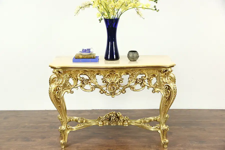 Main image of Italian Carved Hall Console Table, Marble Top, Burnished Gold Finish