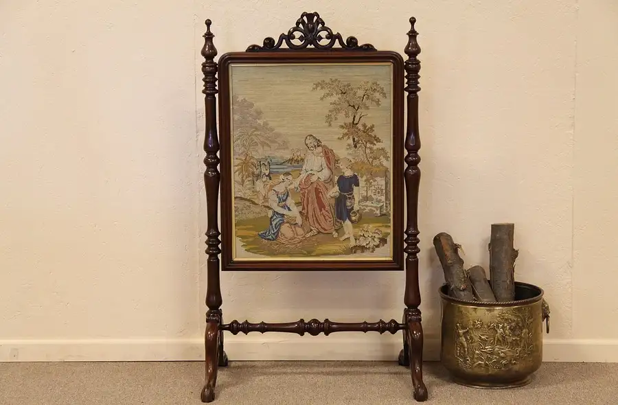 Main image of Victorian Needlepoint Fire Screen Depicting Jesus