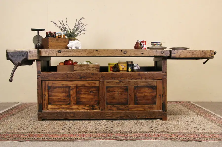 Main image of Carpenter 1900 Antique Mabsey Workbench, Kitchen Island or Wine Tasting Table