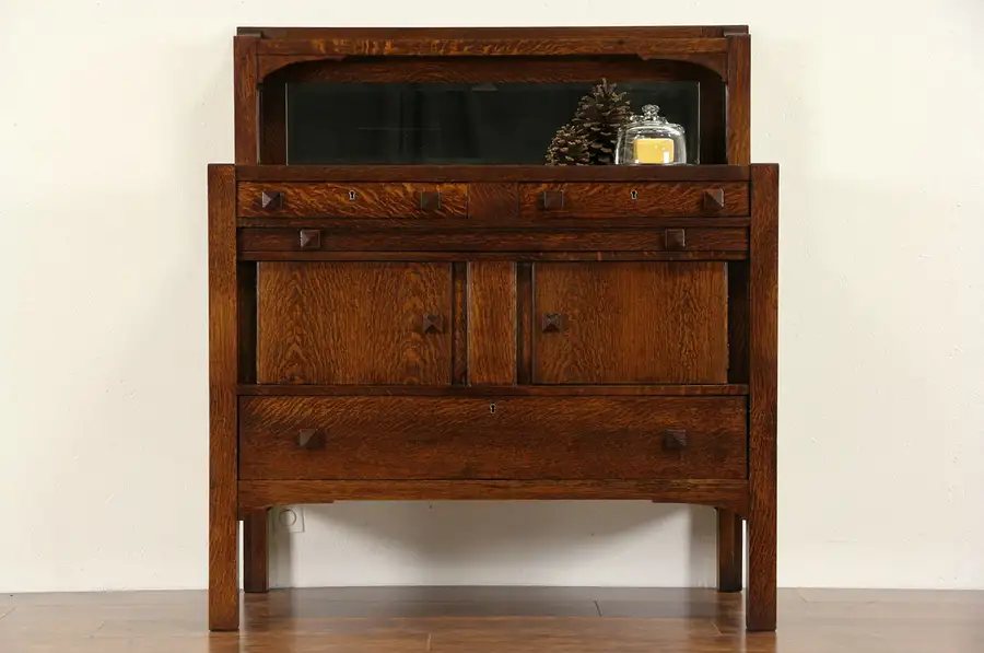 Main image of Arts & Crafts Mission Oak 1905 Antique Sideboard or Server, Beveled Mirror