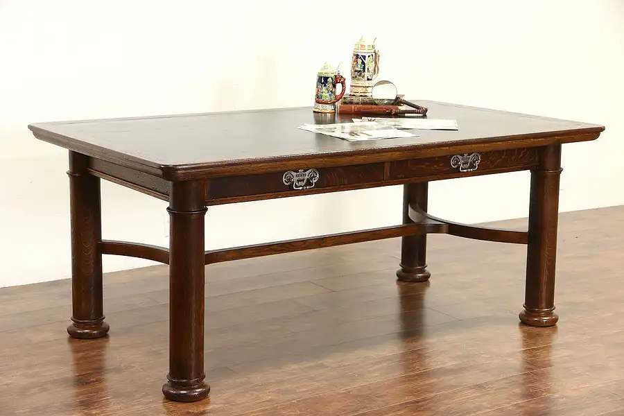 Main image of Oak 1900 Antique Oak Writing Desk, Library or Conference Table, Leather Top