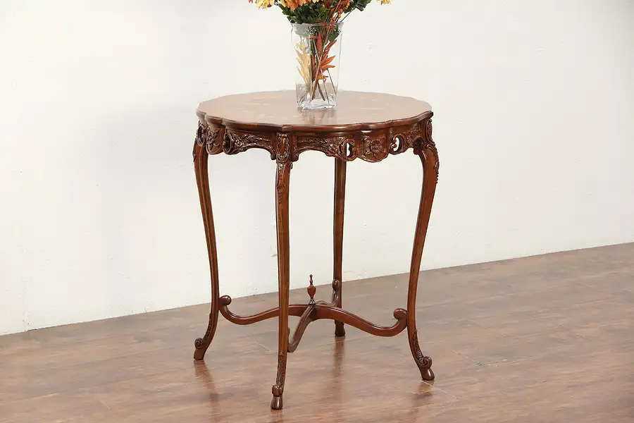 Main image of Marquetry & Burl Antique Carved Lamp or Center Table