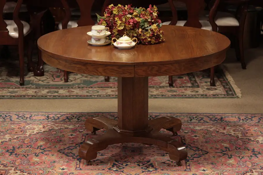 Main image of Round 4' Oak Antique Dining Table, 6' Long