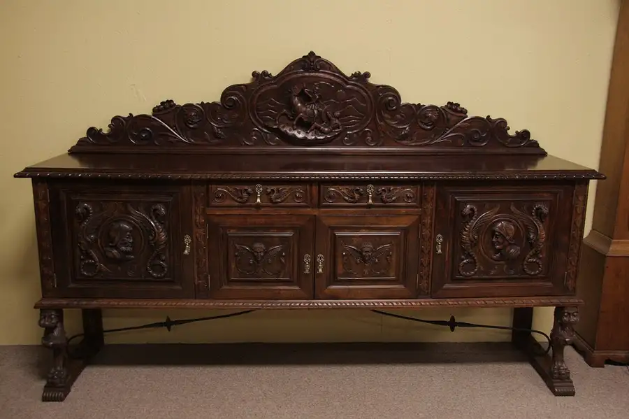 Main image of Antique Spanish Sideboard Buffet with Carved Knights