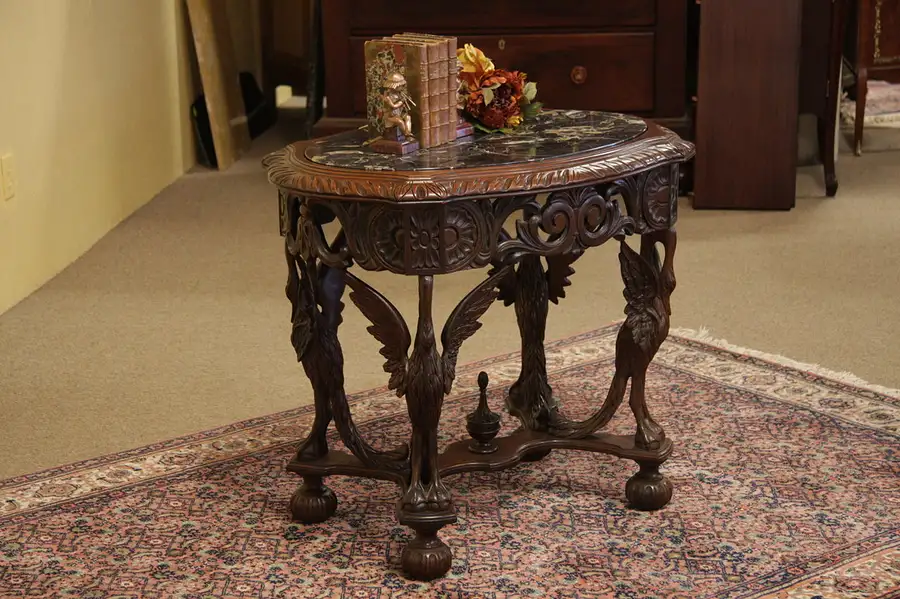 Main image of Oval Antique Table, Black Marble, Carved Birds