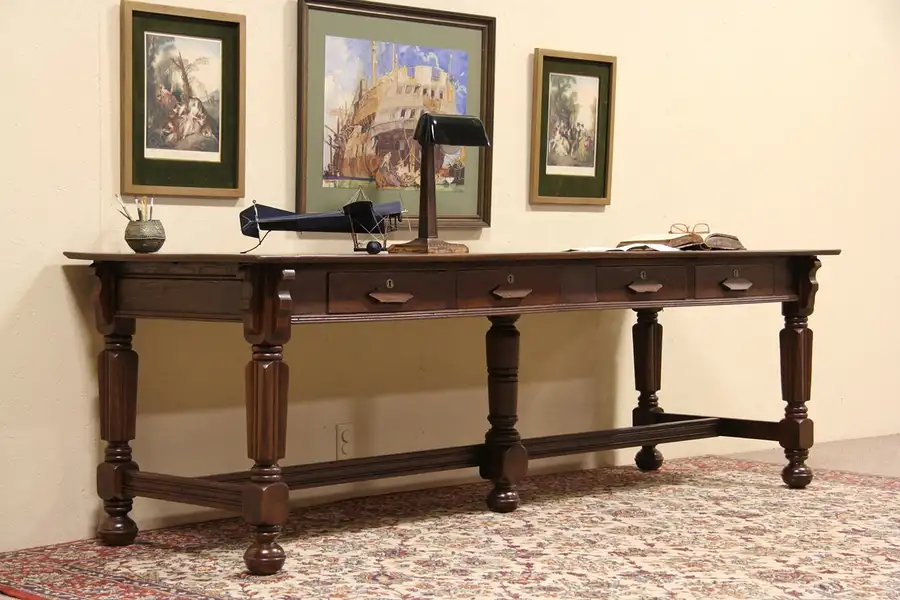 Main image of Victorian 1885 Antique 8' Oak Library Table Writing Desk