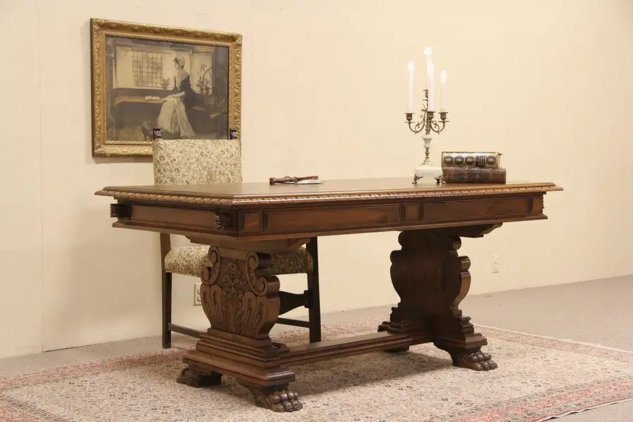 Main image of Renaissance Carved 1890 Italian Library Table Writing Desk