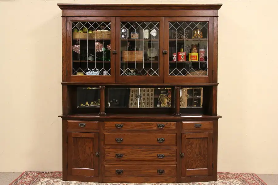 Main image of Arts & Crafts1900 Oak Pantry Cupboard & Sideboard, Leaded Glass