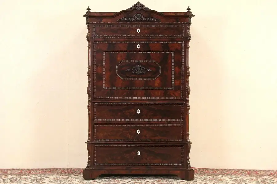 Main image of German Mahogany 1870 Antique Secretary Desk, Rosewood Marquetry Interior