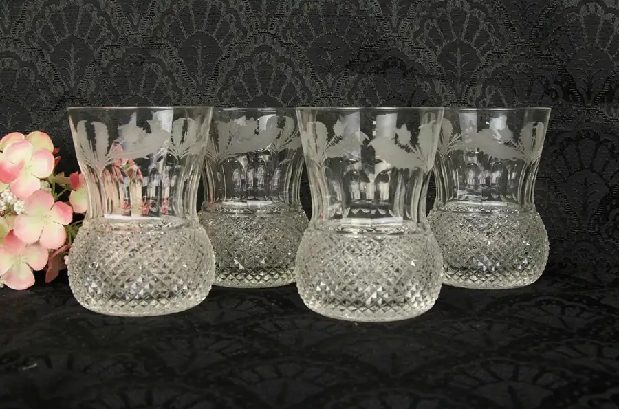 Main image of Edinburgh Thistle Set of 4 Cut Scottish Crystal 4" Whiskey Tumblers
