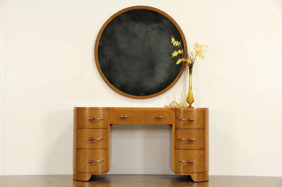 Main image of Art Deco 1935 Widdicomb Curly Birdseye Maple Dressing Table Vanity & Mirror