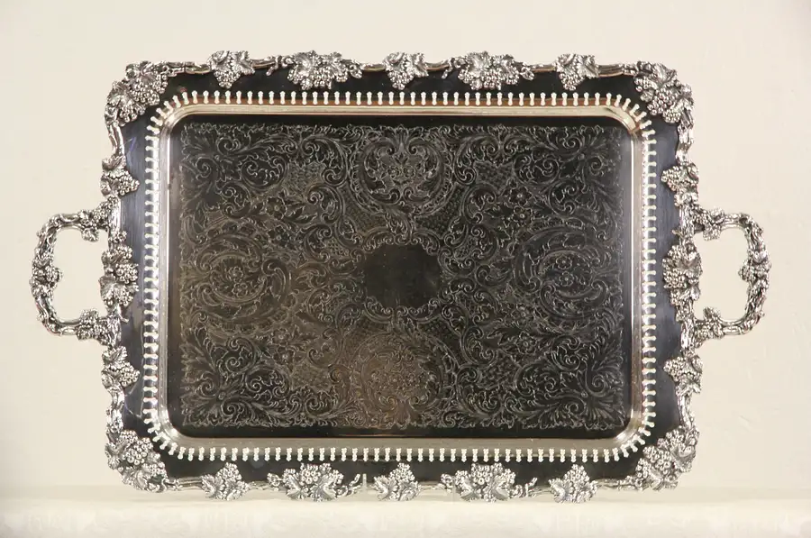 Main image of Grapevine Motif Vintage Signed Silver Plate 30" Butler or Buffet Tray