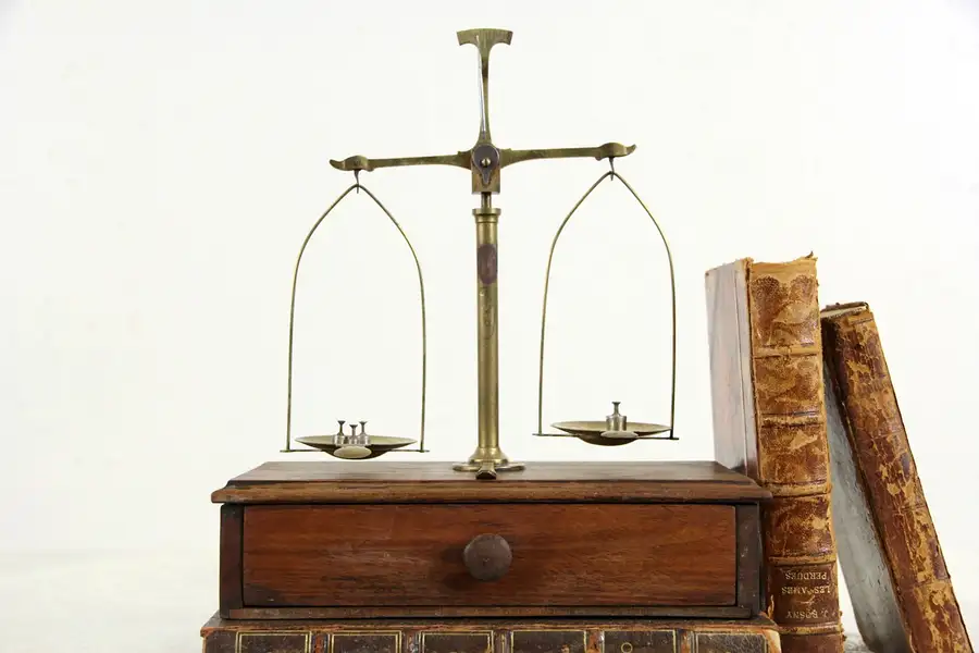 Main image of Brass & Teak Antique 1880 Gold or Apothecary Balance Scale